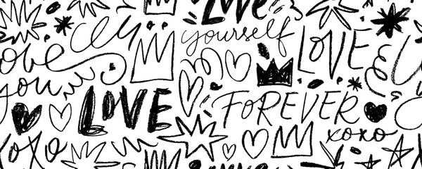 Seamless banner design with doodle love drawings. Handwritten love words, crowns, stars and squiggles. Hand drawn abstract romantic seamless pattern. Wallpaper for girls, Valentine's day.