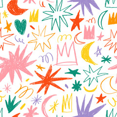 Colorful childish seamless pattern with funky stars, crowns and squiggles.