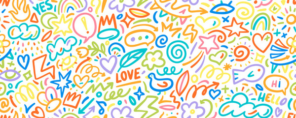 Cute kid's style seamless pattern with colorful outlined shapes.