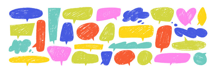 Cute colorful crayon texture speech bubble set. Crayon chalk speech bubble shapes. Vector charcoal communication symbols, cloud message. Comic talk balloon vector set in childish funky style.