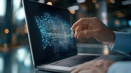 A businessman interacts with a holographic display of AI technology on his laptop, focusing on data analysis and coding tasks