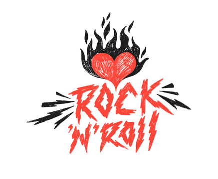 Rock'n'roll grunge illustration with crayon drawn red flame heart, lightnings and lettering. Hand drawn vector punk poster with grunge crayon texture. Old retro design of rock and roll poster.