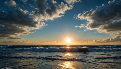 Obraz premium Blue sky, sun, and ocean waves