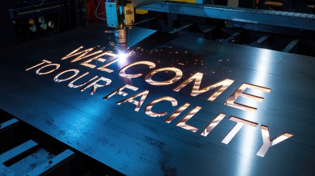 Plasma cutting machine cutting welcome to our facility sign