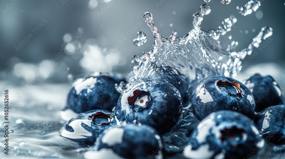 Poster fresh blueberries submerged in water creating splashes and droplets
