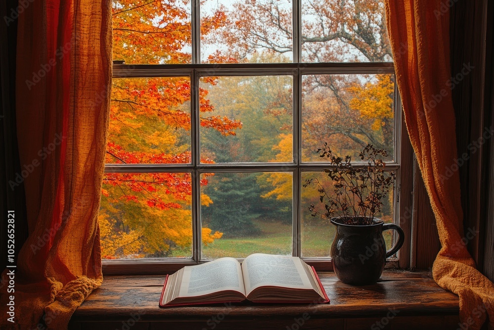 Poster open book resting on window sill with autumn leaves in background