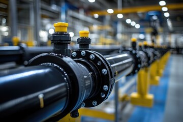 Industrial pipes with flanges and valves connecting in modern factory