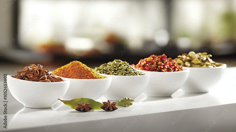 Poster row of spice bowls on white counter with window in background