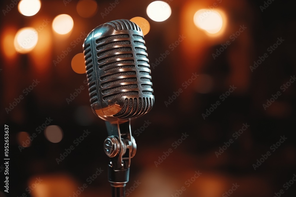 Poster vintage microphone on stage with colorful bokeh lights