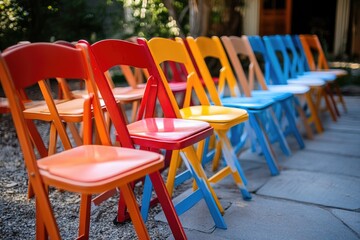 Row of colorful folding chairs in outdoor setting