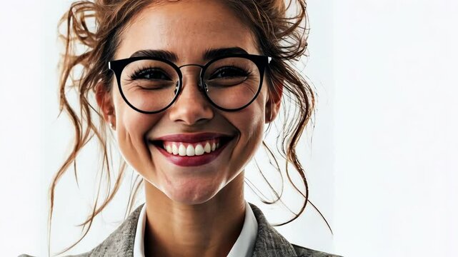 A woman with brown hair and glasses smiles brightly, her dimples showing