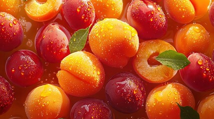   Close-up of fruits with water droplets on apple and orange surfaces