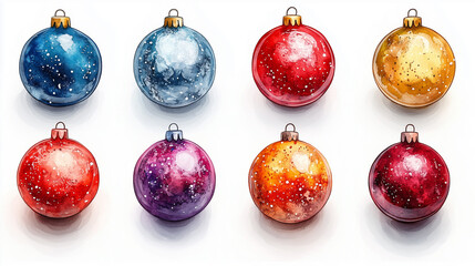 A decorative set of eight Christmas balls in vibrant colors isolated on a white background for holiday cheer and festive decor