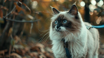 A fluffy Ragdoll cat with bright eyes embarks on an outdoor adventure, its leash allowing safe exploration, against the backdrop of an autumn scene.
