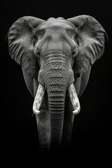 front portrait of an African elephant Loxodonto Africana in black background