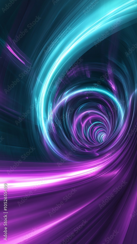 Poster radiating light tunnels. bright teal and purple curves. abstract depth effect creating a sense of mo