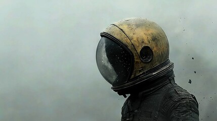Fototapeta premium A photo shows a person wearing a spacesuit with a helmet that has a gap in the center