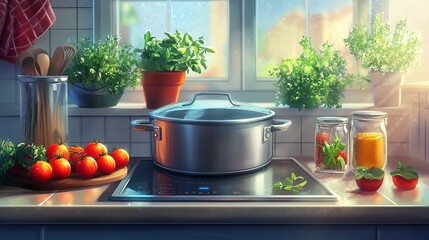 Cooking healthy meals is easy with a stainless steel pot and glass lid on an electric induction cooktop in a modern kitchen.