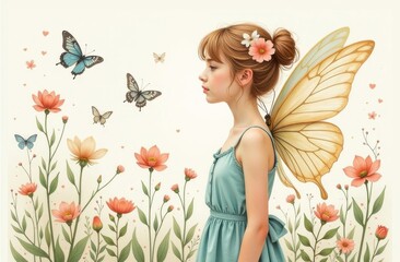 Cute magical fairies with butterflies and flowers. pattern with cartoon fairy or elves for children, girls. Drawing for wallpaper, baby linen, poster, notebook cover