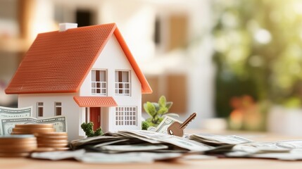 A model house surrounded by coins, cash, and a key, depicting financial investment in real estate at a bright indoor setting