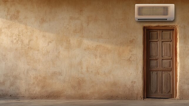 An industrial air conditioner is installed on the adobe wall of a house in Africa, blending modern technology with traditional design