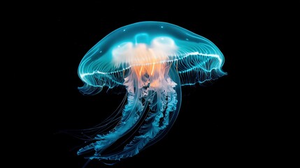   A close-up of a jellyfish in water, with its head turned, appearing as if emerging from the water