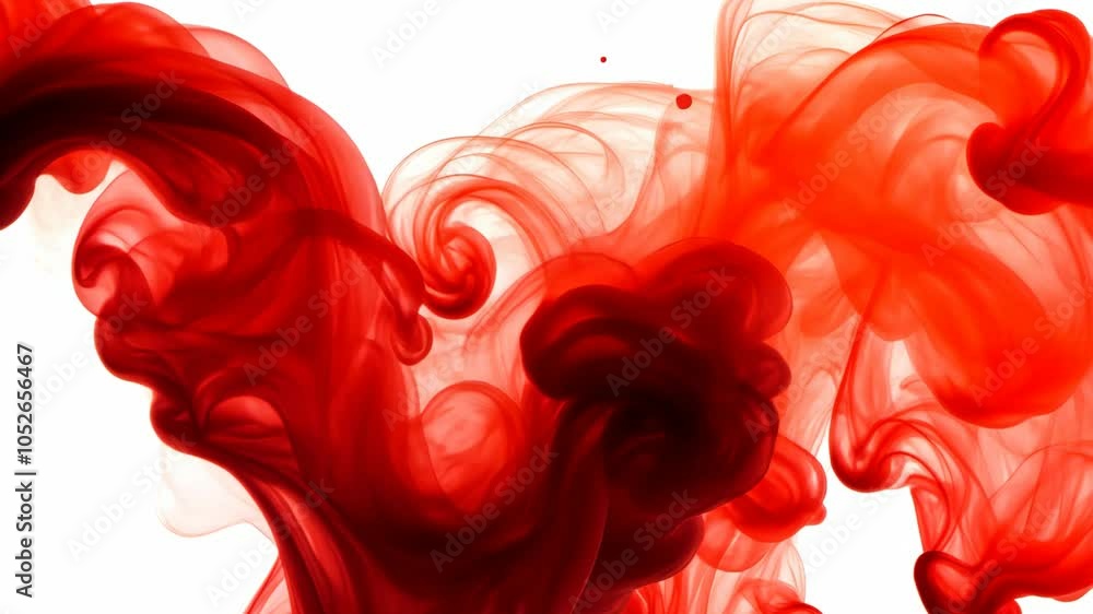 Poster red ink swirls and dances in water, creating abstract patterns against a white background