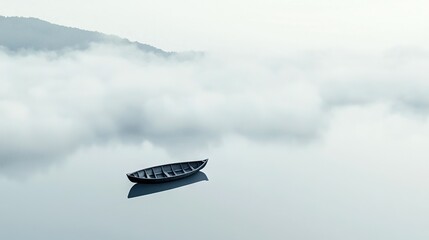 Naklejka premium A tiny vessel bobbing atop a tranquil water expanse, encircled by misty mountaintops and nearby wisps of cloud