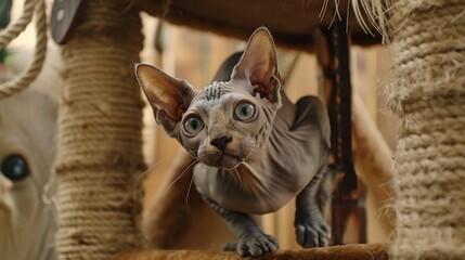 A wide-eyed sphynx cat perches on a scratching post, its large ears and engaging expression highlighting its alert demeanor and the intriguing characteristics of its breed.