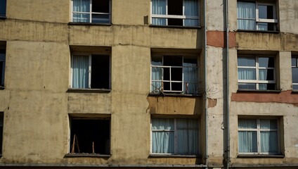 Fototapeta premium Broken facade of a GDR Plattenbau in Halle Neustadt