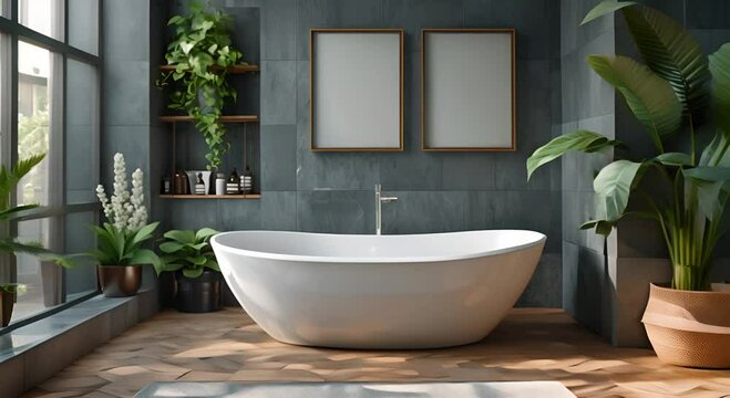 Modern Bathroom with Bathtub, Plants, and Minimalist Decor