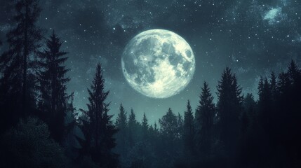 Full Moon Over a Mystical Forest Under Starlit Sky