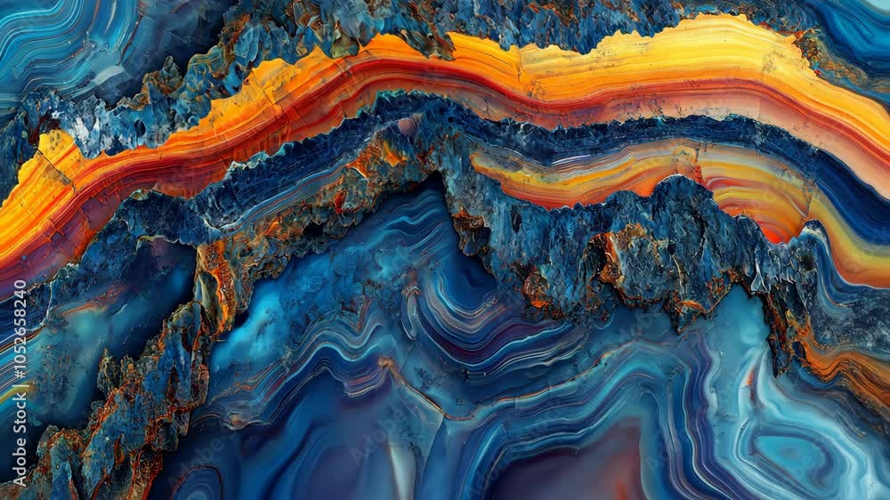 Poster a close-up view of a blue and orange agate stone, showcasing its intricate patterns and textures
