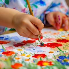 Child hands paints a picture, kid drawing flowers by gouache, paint brush in hands, creative child art