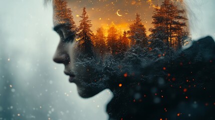 A contemplative man surrounded by a dreamy forest landscape at dusk in a double exposure effect