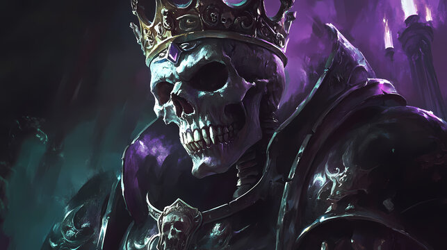 A skeleton in armor with a crown on his head, portrait painting of skeletor, lich king, dark fantasy character, art illustration. Lich King. Illustration
