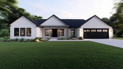 This elegant modern farmhouse features a striking white exterior with large windows, surrounded by a beautifully manicured lawn and thoughtful landscaping, perfect for outdoor gatherings