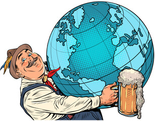 Alcoholic products all over the world. Man holds the planet with beer. Octoberfest holiday for all guests.