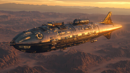 Fototapeta premium A steampunk airship floating above a vast desert landscape at dusk. Floating Airship. Illustration