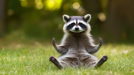 Fototapeta premium Playful Raccoon Sitting on Grass