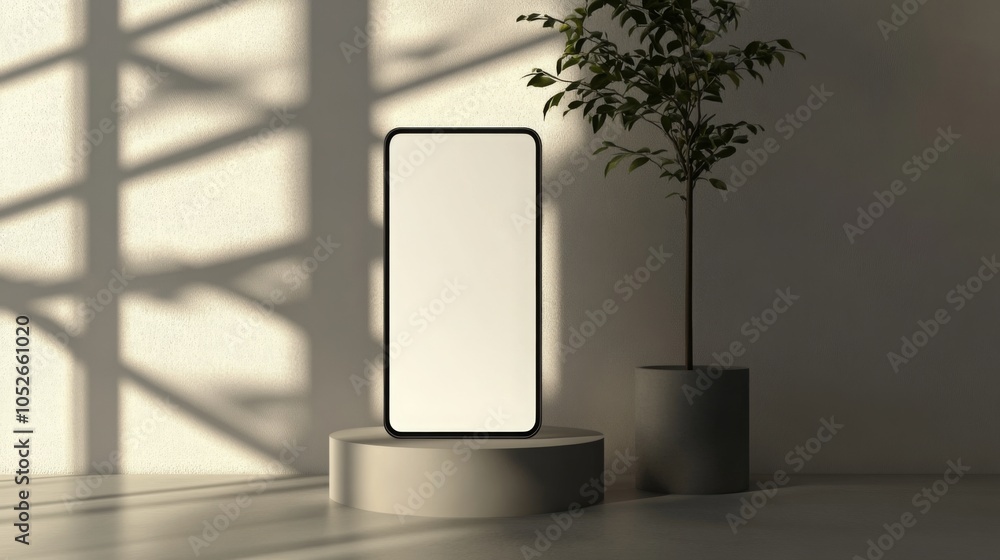 Aufkleber a sleek smartphone rests on a circular pedestal beside a tall potted plant, capturing the warm, soft