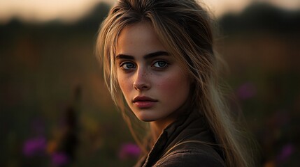 Naklejka premium A young woman with long blonde hair and blue eyes looks directly at the camera with a soft expression. 