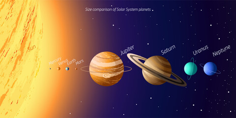 Naklejka premium Space. Size comparison of Solar System planets on gradient background with stars. Educational vector illustration for learning astronomy.