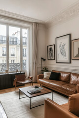 Modern Parisian apartment living room with sofa, armchair, magazines, wall art