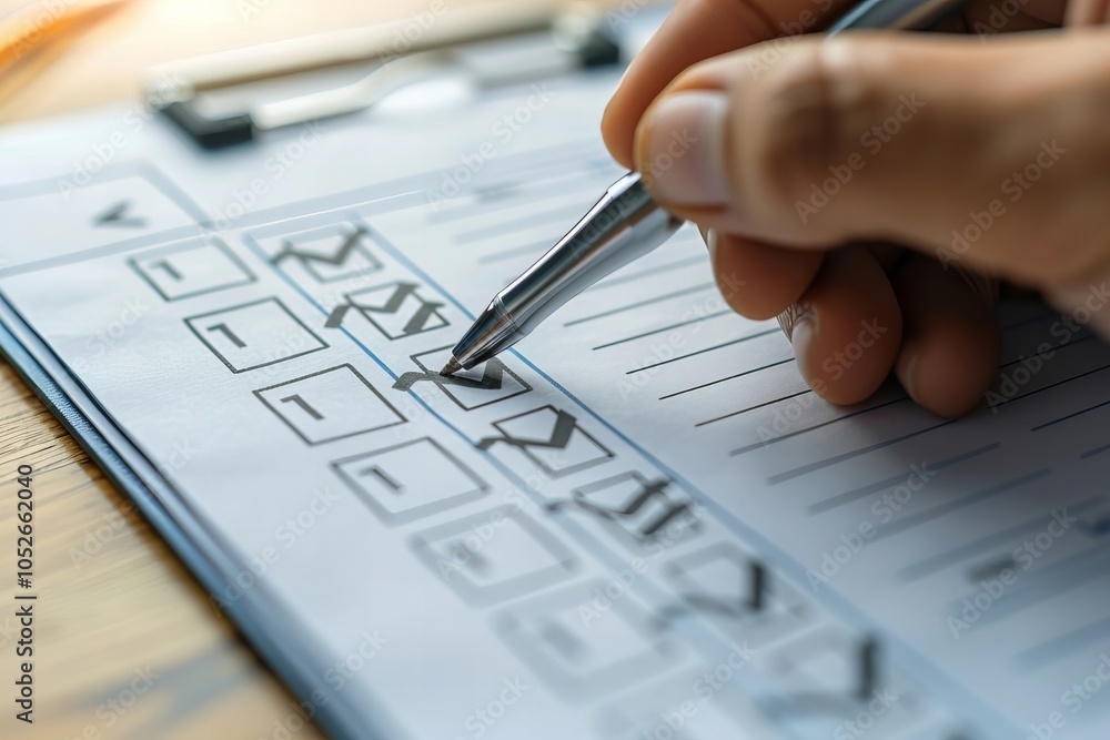 Poster person's hand making checkmarks on a checklist with a pen in a close-up shot