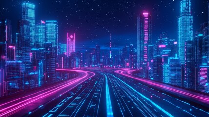 Futuristic Neon Cityscape at Night with Vibrant Lights