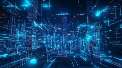 Futuristic Digital Cityscape with Neon Lights and Data Streams