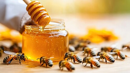 Naklejka premium Bee activity around honey jar with wooden dipper in warm natural light during daylight hours