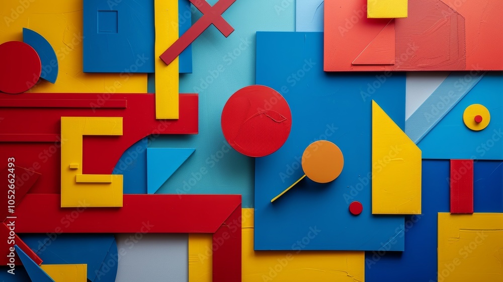 Poster an intricate geometric composition features bold primary colors and sharp shapes, merging into an ab