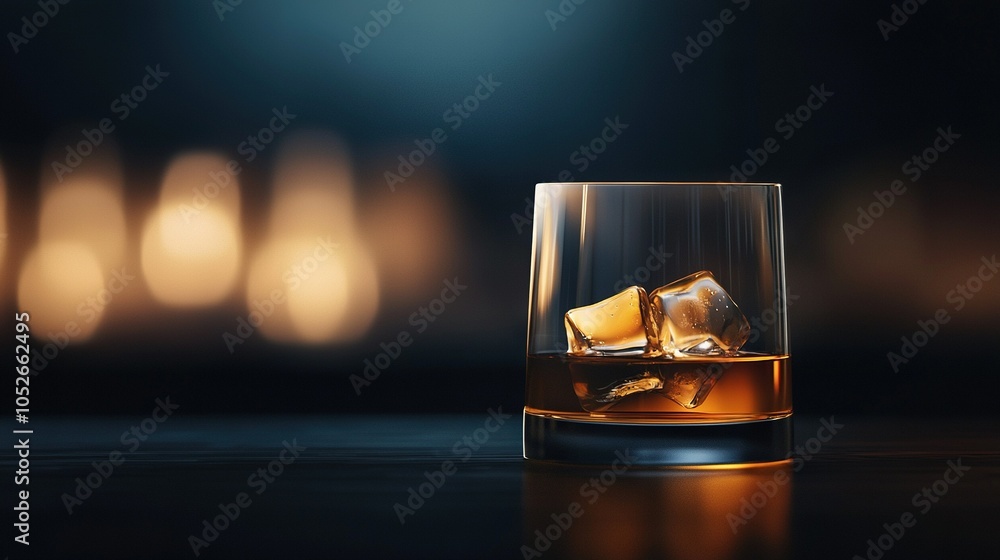 Poster a glass of whiskey on a dark surface with ice cubes and a bokeh background